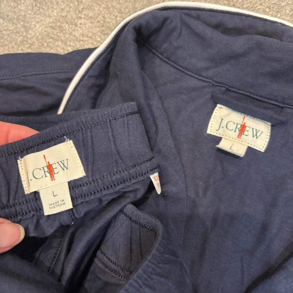 J.Crew Navy Blue Cotton Modal Knit Pajama Set White Piping Long Sleeve Pants L - Picture 3 of 10